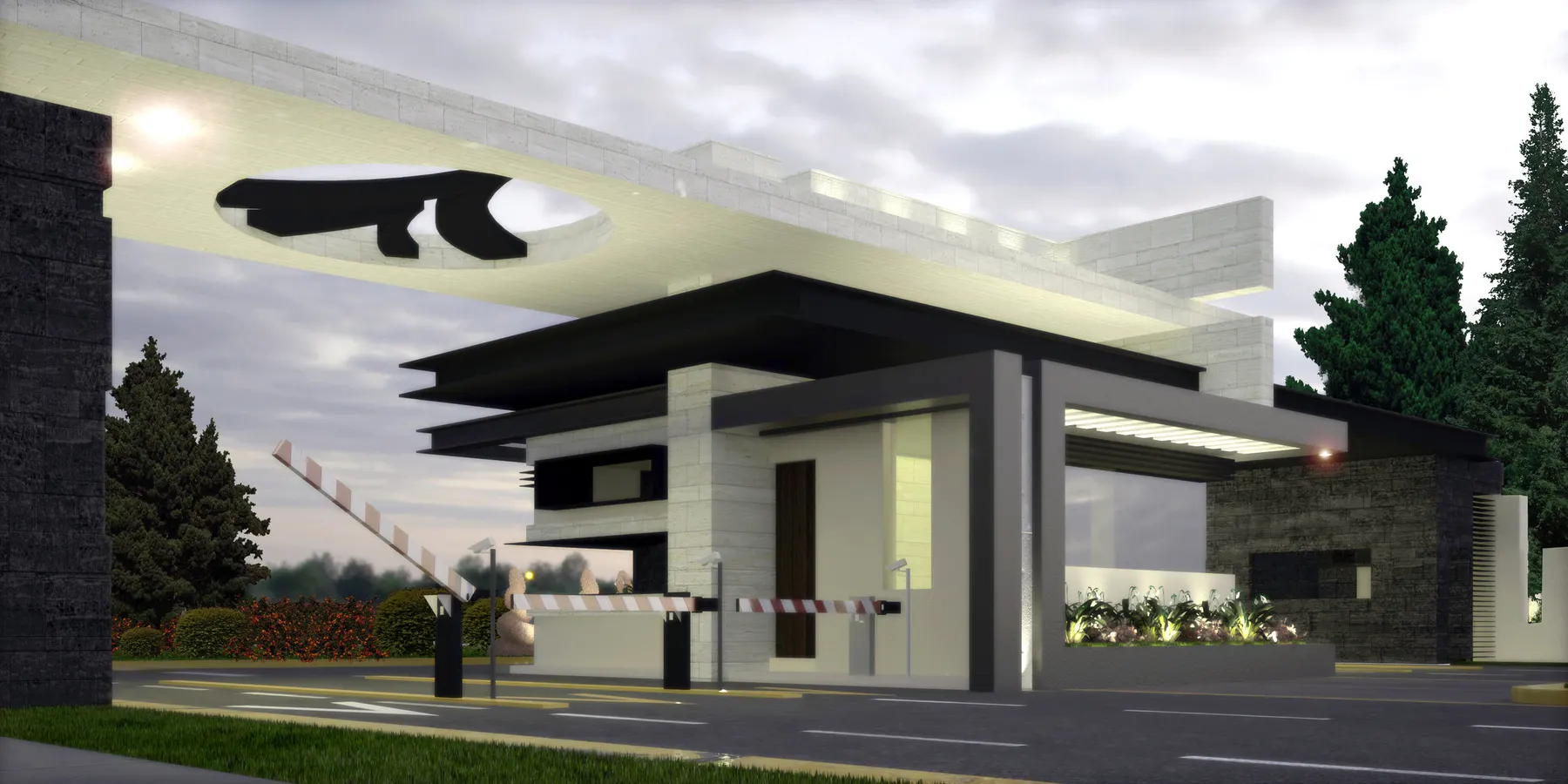 Render de una caseta de acceso con pluma de seguridad y una techumbre elíptica en voladizo
