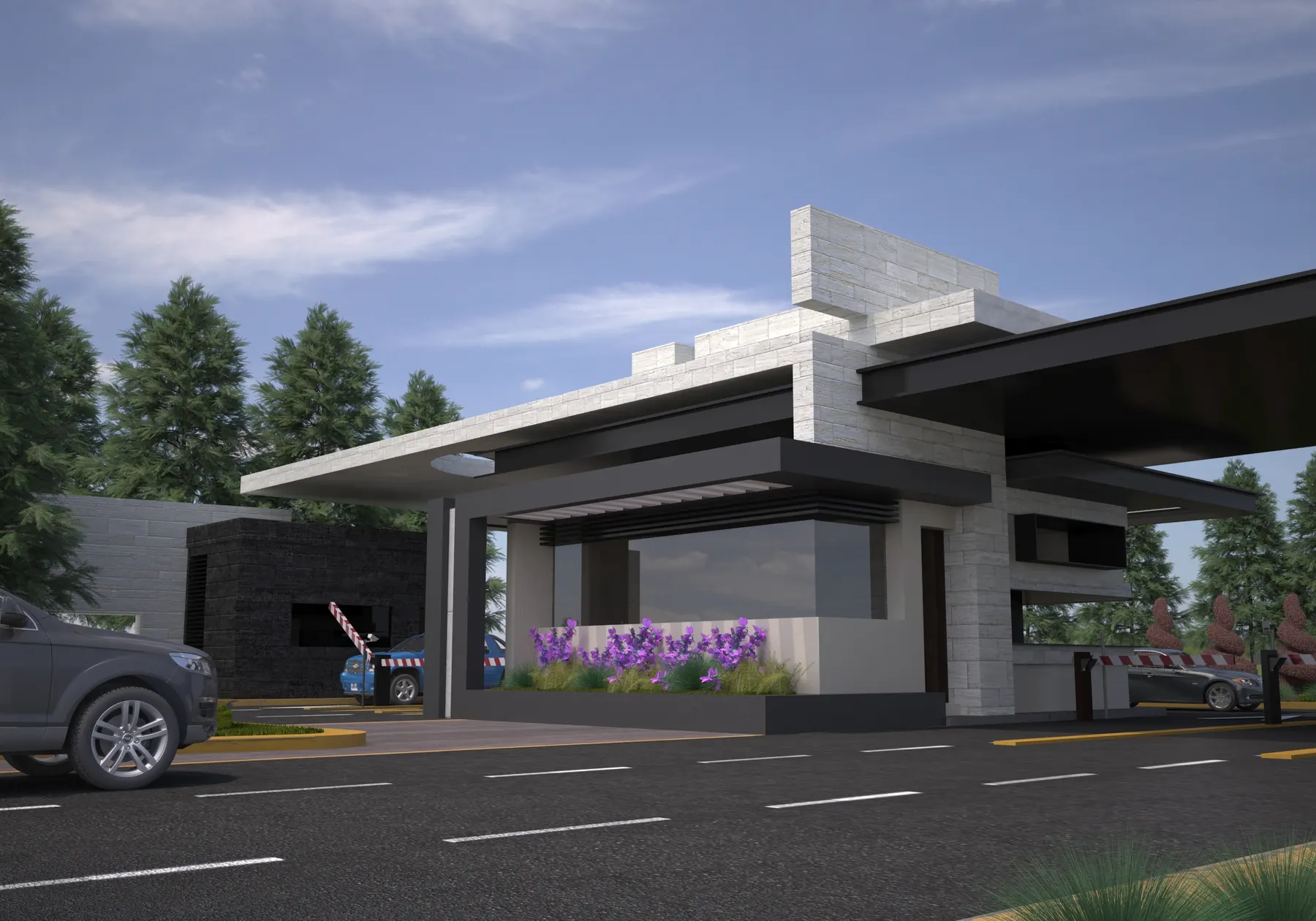 Render diurno de la caseta de acceso con macizo de flores y vehículos ingresando