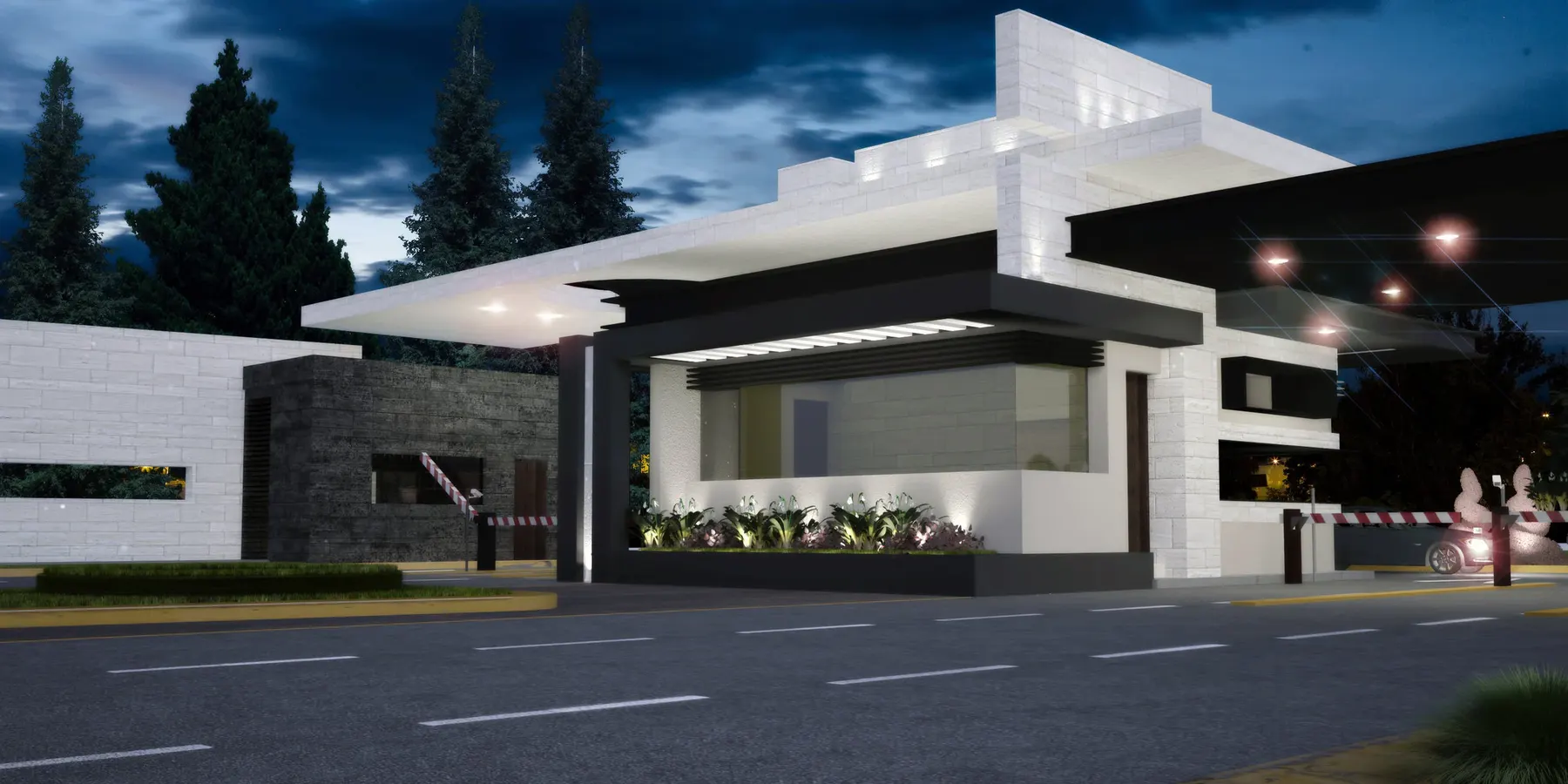 Render nocturno de la caseta de acceso con iluminación interior encendida