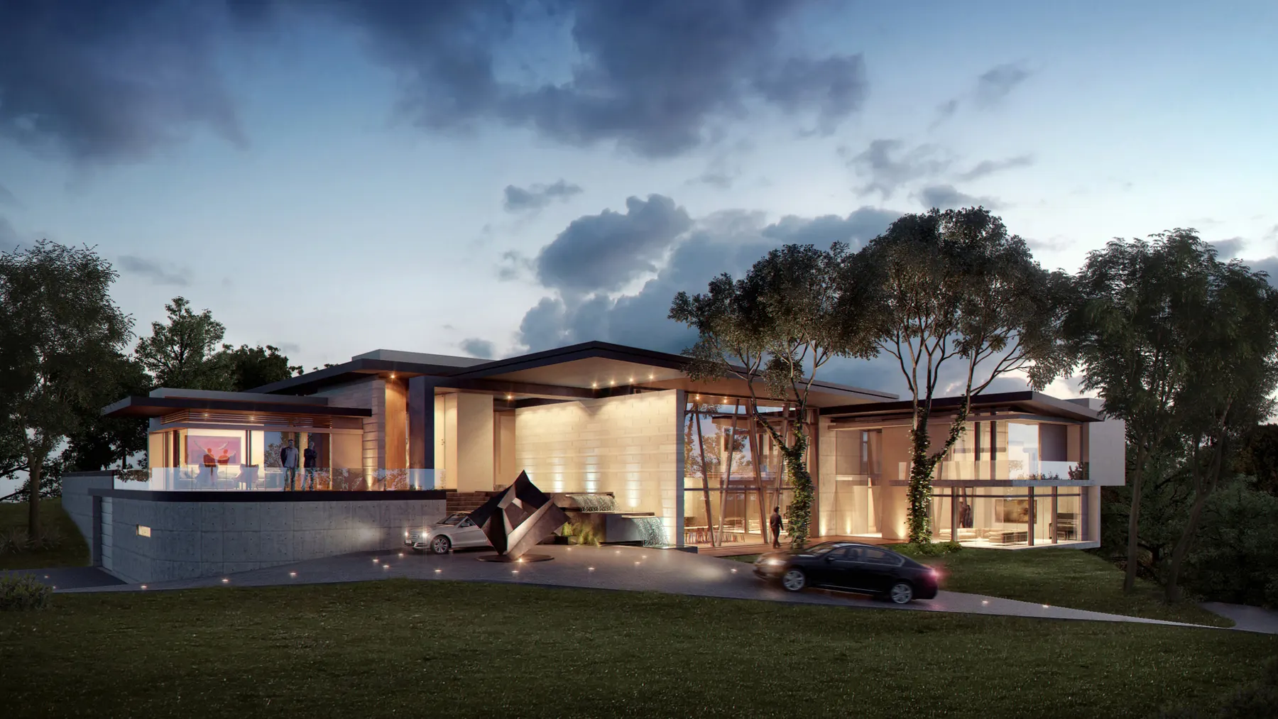 Render de la casa al anochecer, dibujada antes de construirse