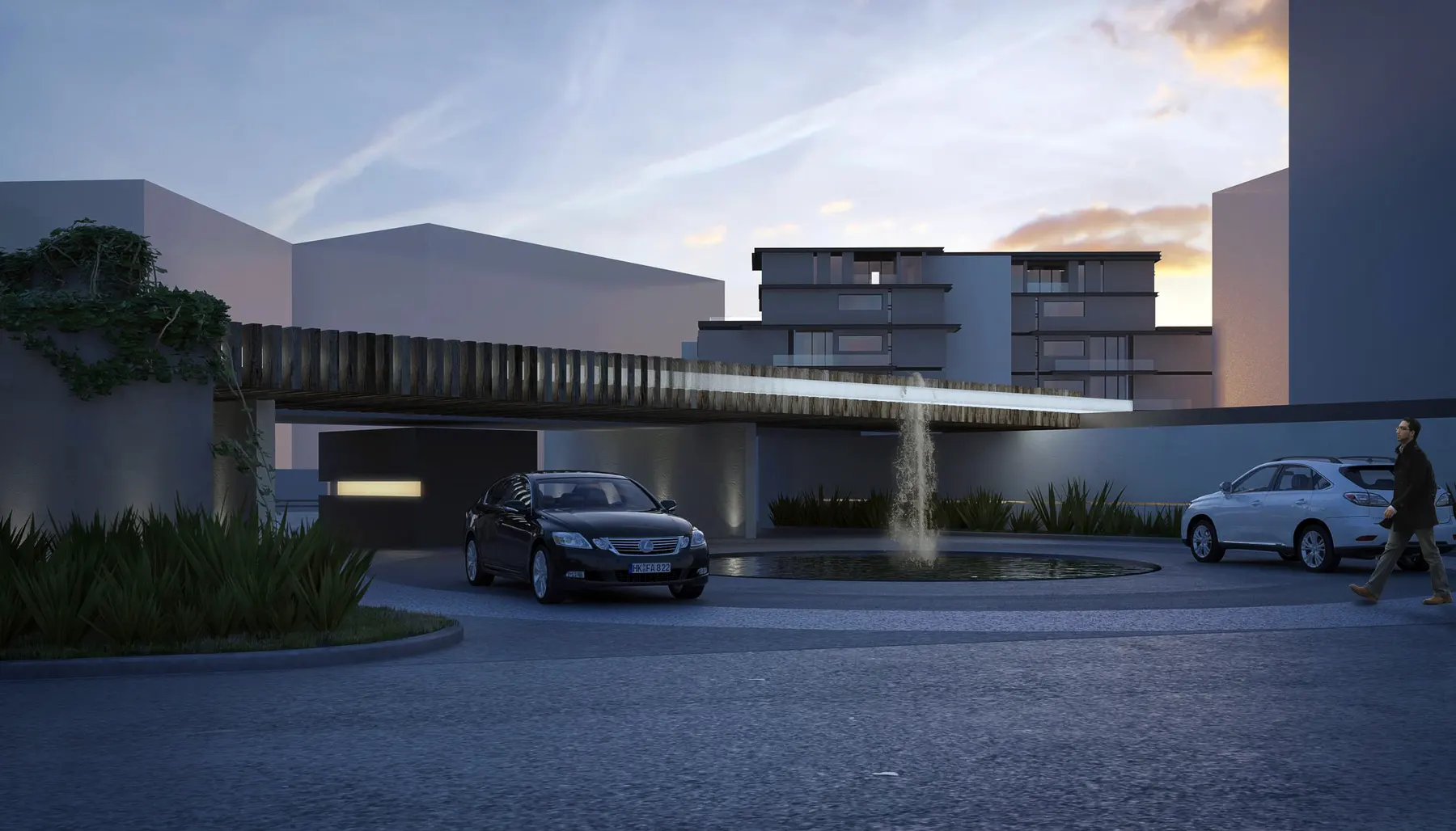 Render del acceso al conjunto con pérgola de madera y fuente frente a la torre