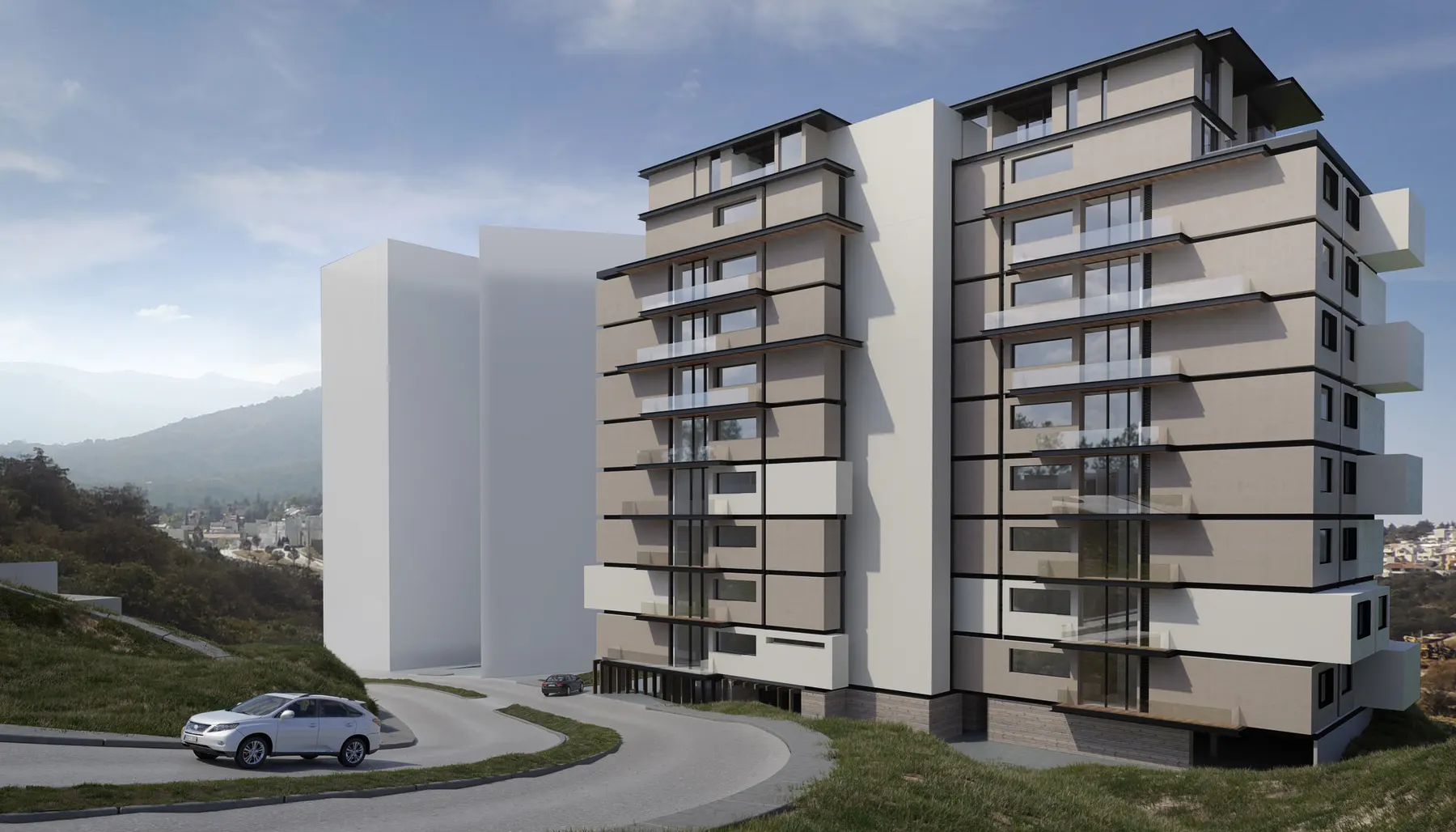 Render de la torre de departamentos visto desde el área de estacionamiento