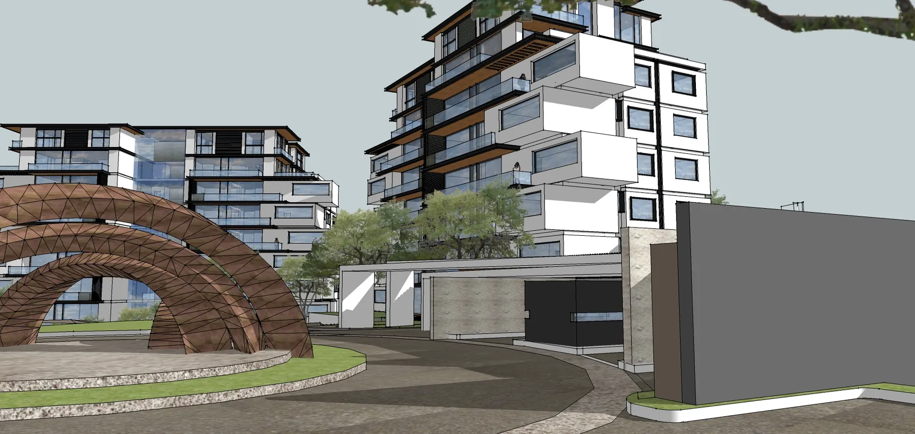 Render del conjunto de departamentos con una estructura de madera en forma de arco junto al acceso