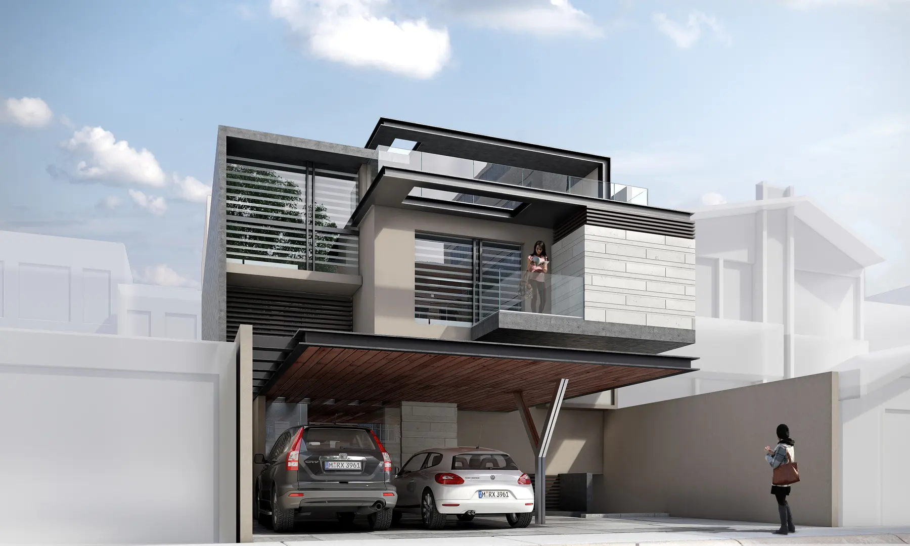 Render de un encuentro constructivo entre materiales de larga vida