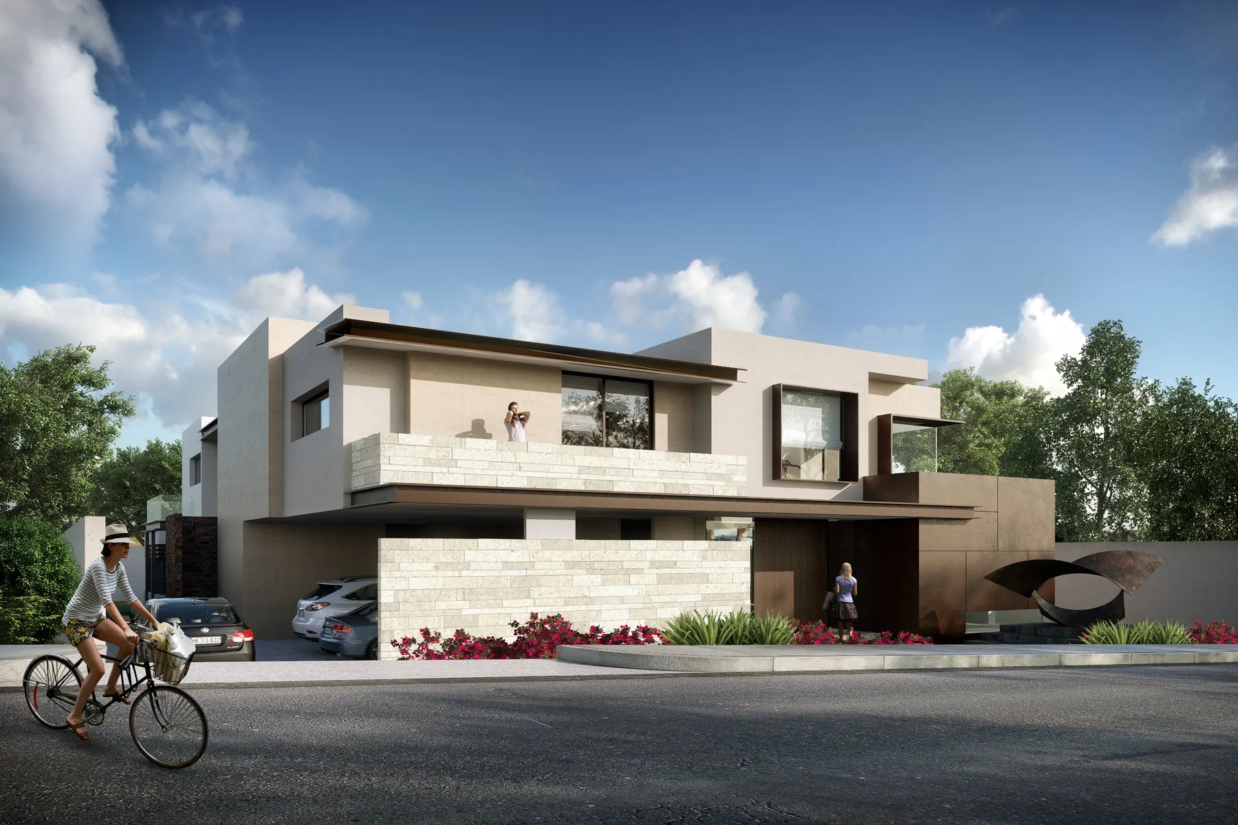 Render de una fachada de dos niveles con balcón de piedra sobre cochera cubierta y vista a la calle