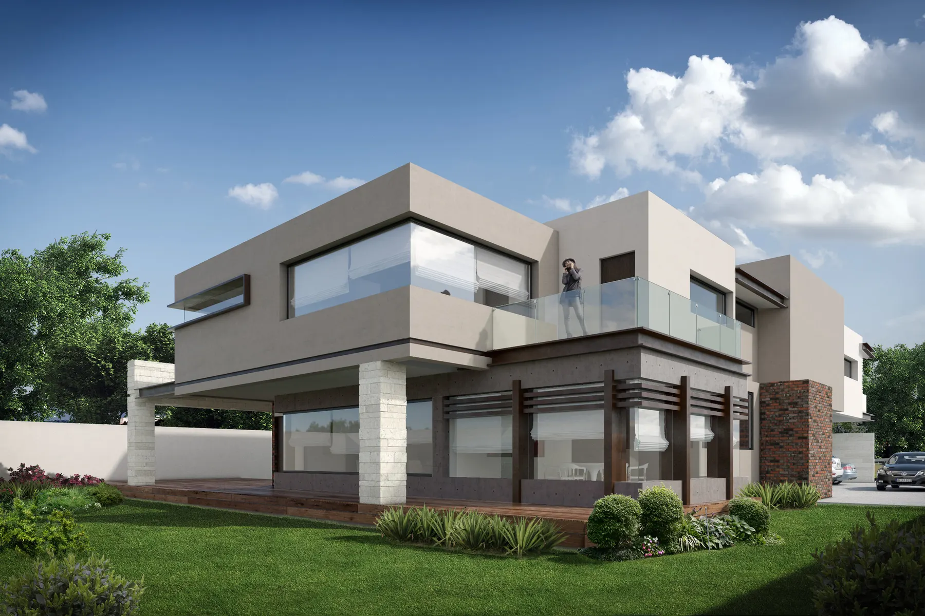Render de la fachada posterior con balcón volado y terraza de madera en planta baja