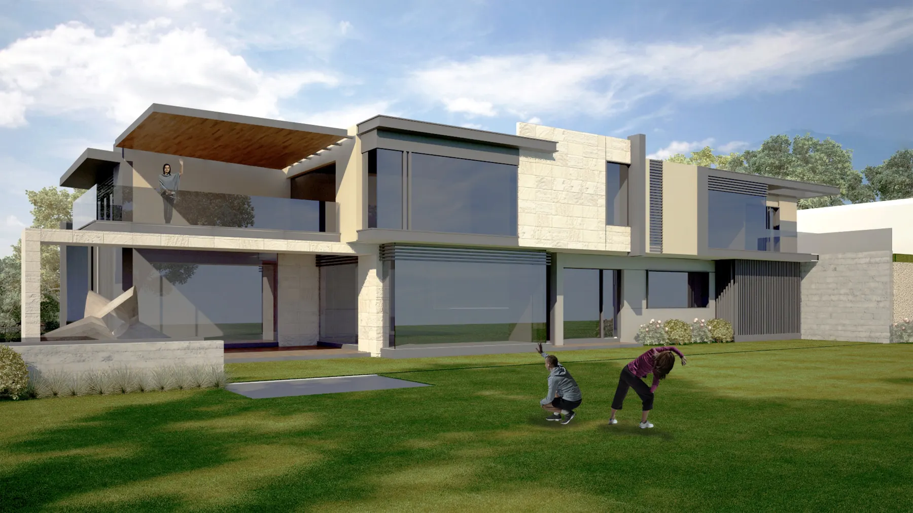 Render de una fachada de dos niveles con techumbre de madera en voladizo y jardín abierto al frente
