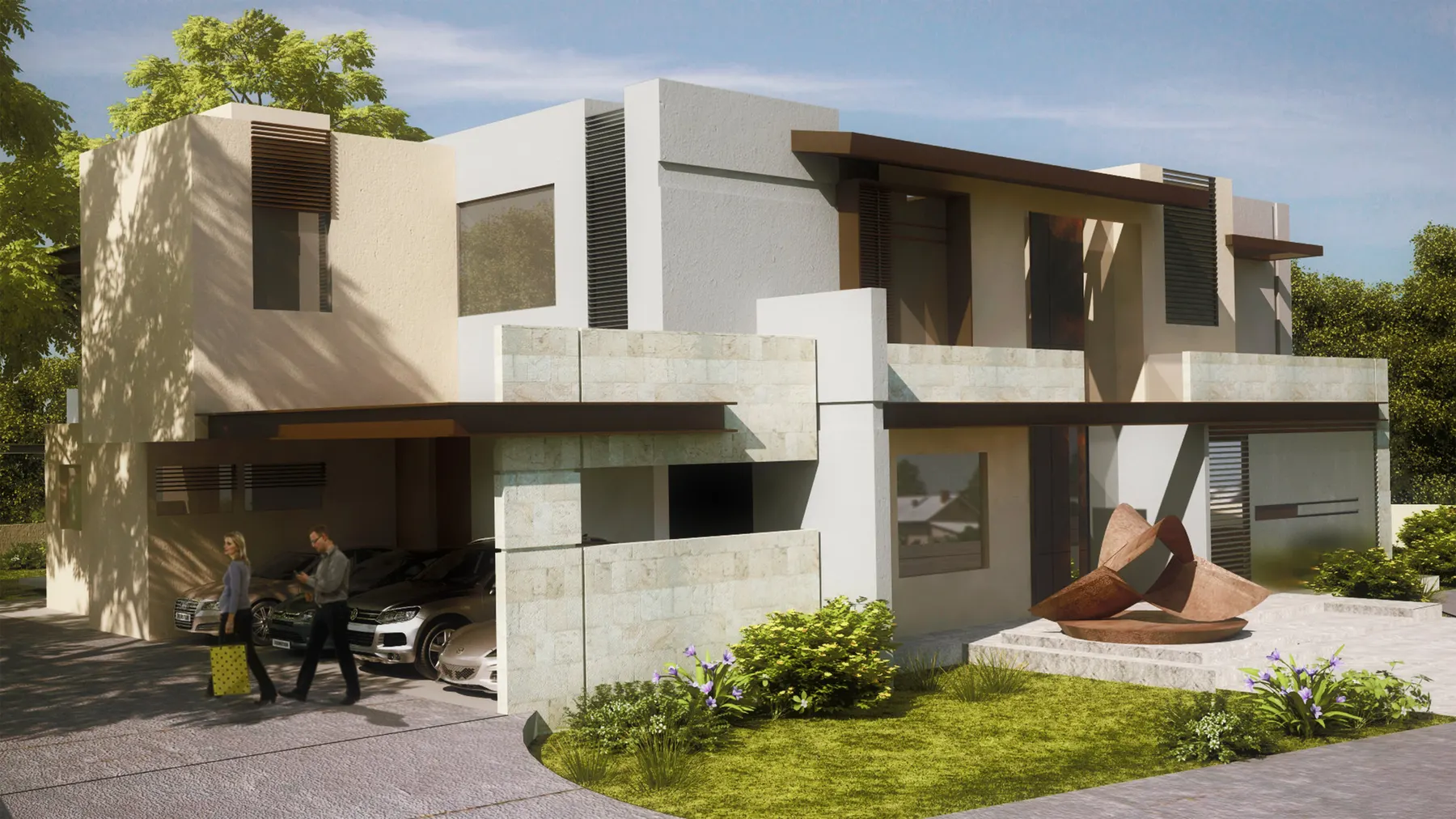 Render nocturno del ingreso con iluminación arquitectónica encendida y una persona caminando por la acera