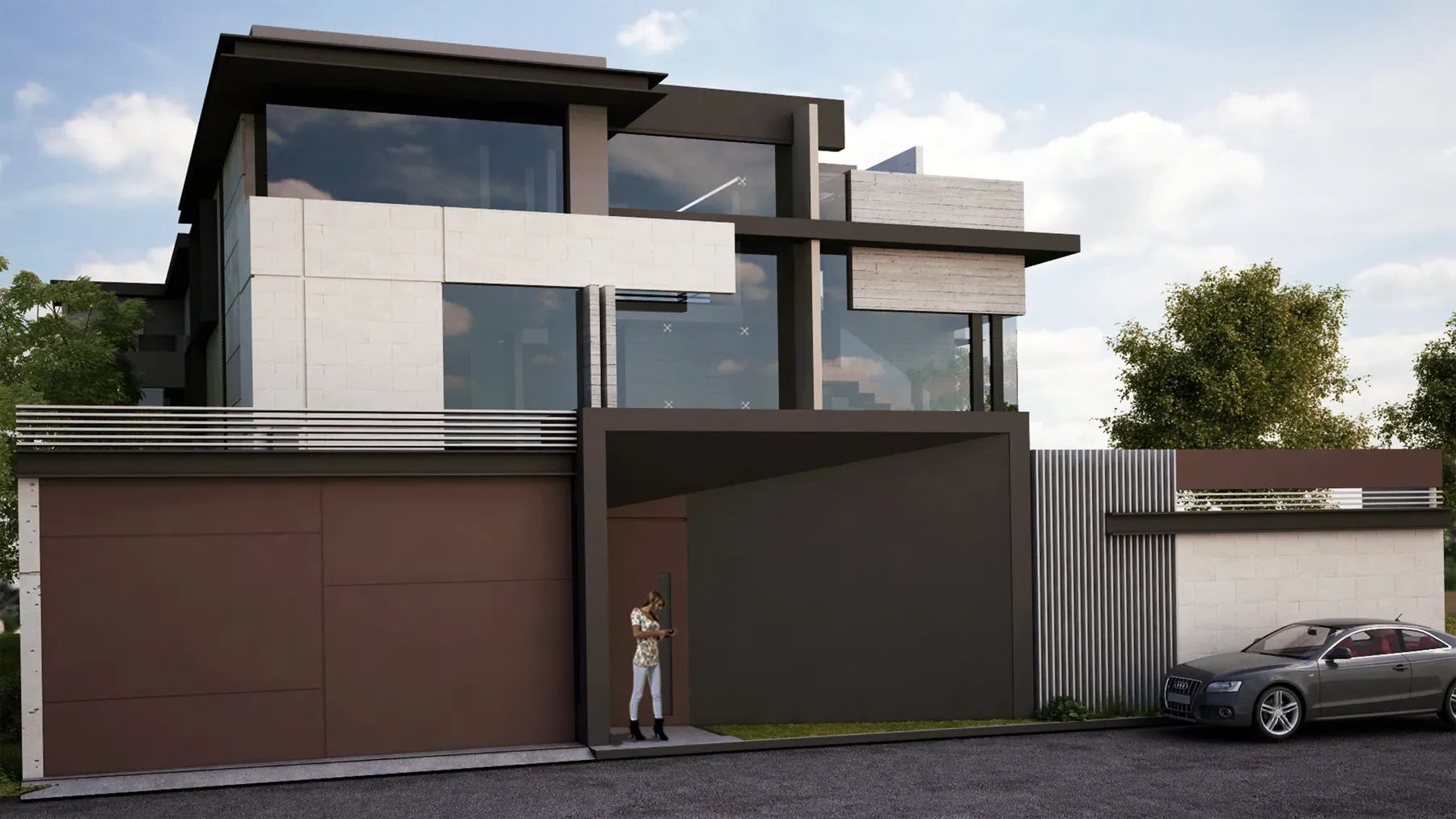 Render de un acceso que sigue el nivel natural del terreno