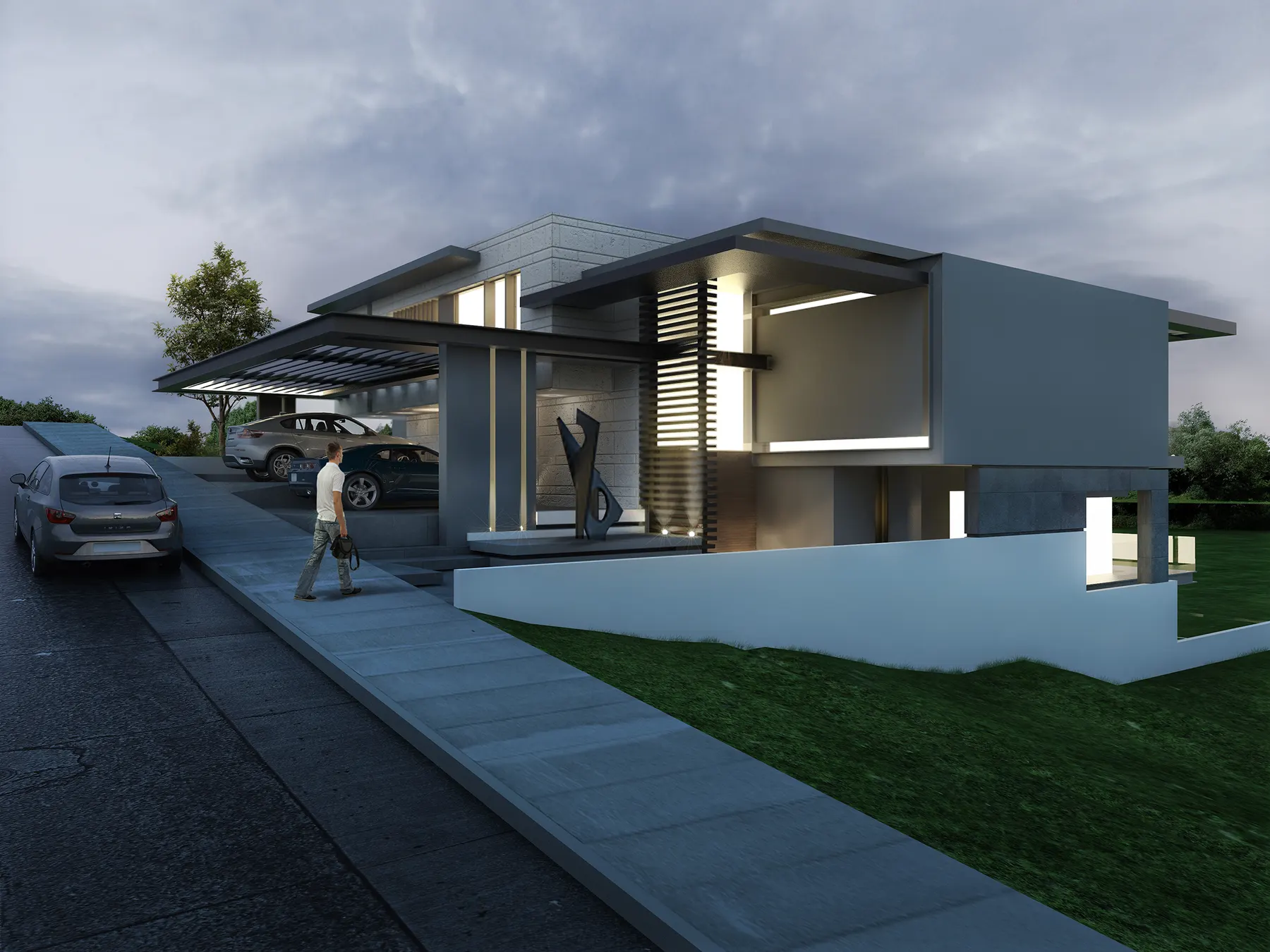 Render de la fachada con recubrimiento de piedra y área de estacionamiento cubierta