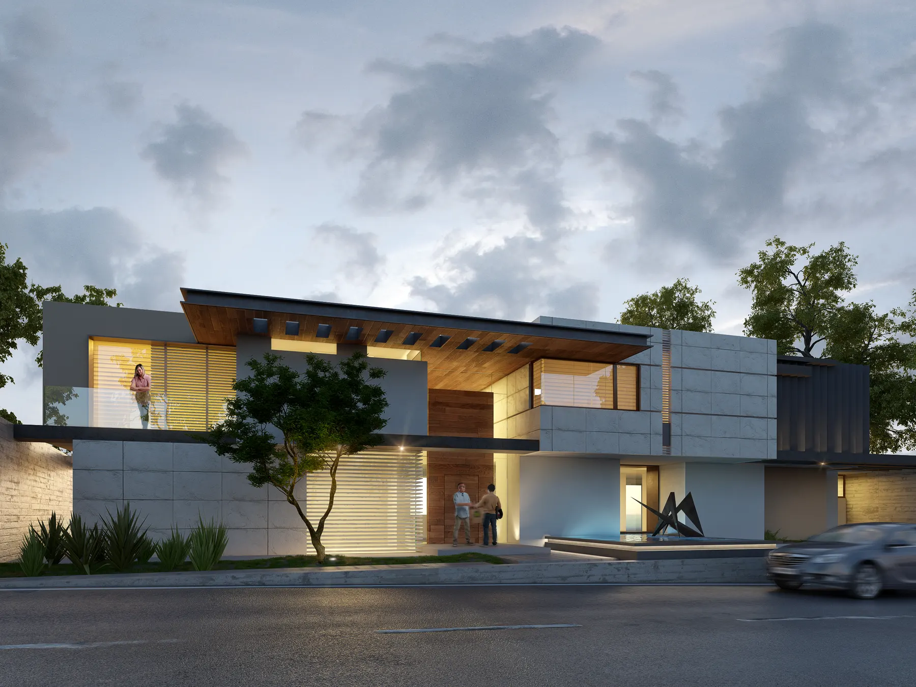 Render de un acceso orientado a la luz de la mañana